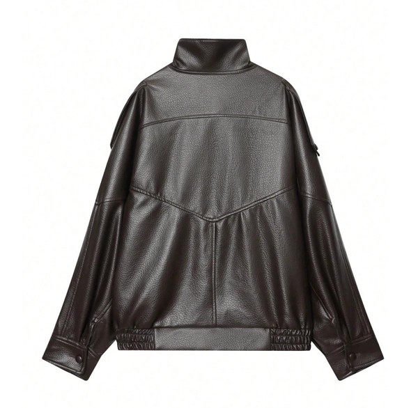 Jaqueta Feminina Oversized Couro Eco Gola Alta Estilo Europeia Vintage Premium Vynara
