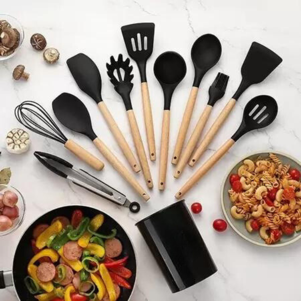 Kit Utensílios Cozinha 12 Peças Silicone Antiaderente PRETO