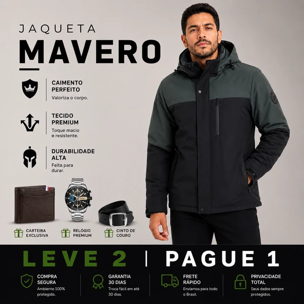 Jaqueta Masculina Mavero em Interior Forrado Térmico a Prova D'Água e Capuz Removível +BRINDES: Relógio, Cinto e Carteira