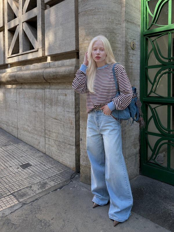 Blusa Listrada Oversized Marrom e Azul