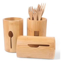 Kit Porta Talheres Bambu 3 Peças