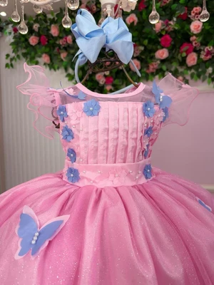 Vestido Fantasia Luxo – Jardim Encantado - Rosa C/Borboletas Azuis 