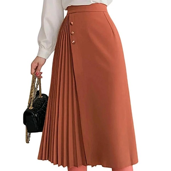 Saia Plissada Alfaiataria Com Botão Moda Evangelica Estilo Coreano