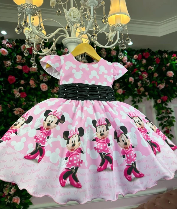 Vestido Temático Estampado - Minnie - Rosa C/Preto 
