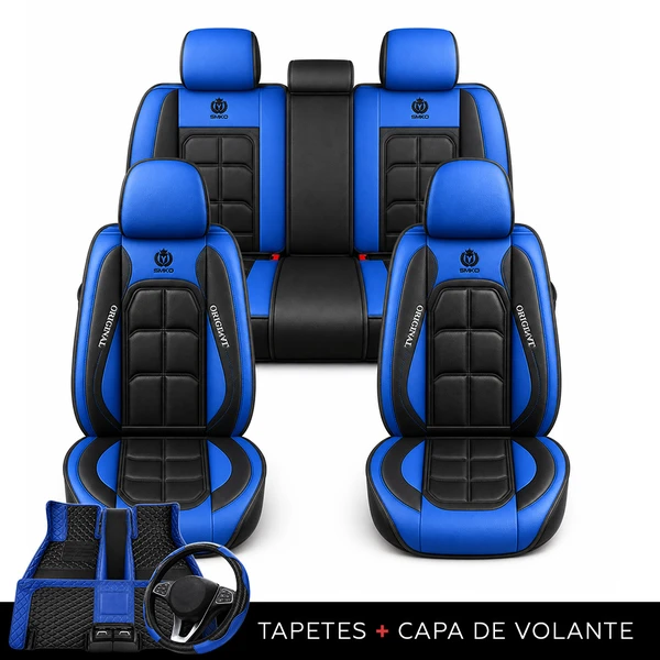 Kit Completo de Capas para Banco de Carro Velox  em Couro Legítimo Universal 5 Lugares Com Airbag + Tapetes e Capa de Volante