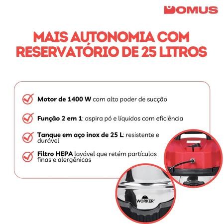 Extratora e Aspirador de Pó 1400W com Tanque Inox 127V/220V + 8 Acessórios Worker
