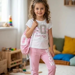 6837 CONJUNTO MEOW ROSA PAETÊ BLUSA CALÇA E BOLSA TIME KIDS