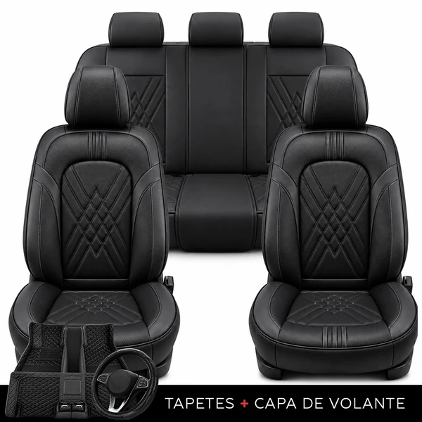 Kit Completo de Capas para Banco de Carro Averon em Couro Legítimo Universal 5 Lugares Com Airbag + Tapetes e Capa de Volante