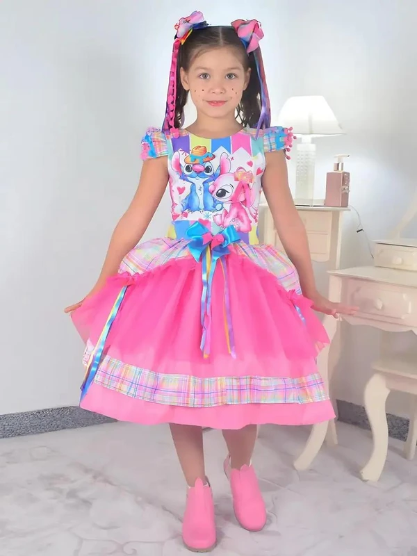Vestido Stitch e Lilo Festa Junina Xadrez Rosa Quadrilha