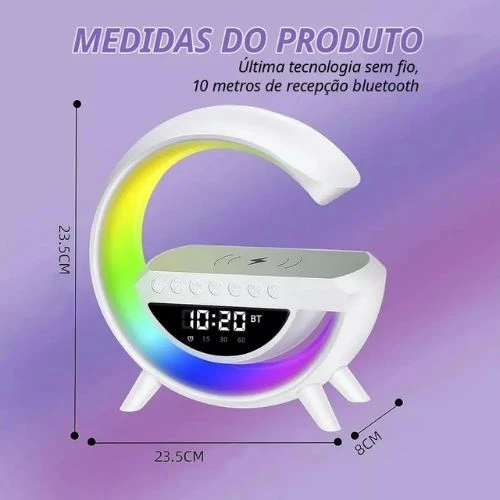 Luminária Inteligente G Speaker 5 em 1 Bluetooth Carregador Sem Fio e Relógio