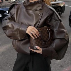 Jaqueta Feminina Oversized Couro Eco Gola Alta Estilo Europeia Vintage Premium Vynara