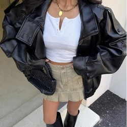 Jaqueta Feminina Oversized Couro Eco Gola Alta Estilo Europeia Vintage Premium Vynara