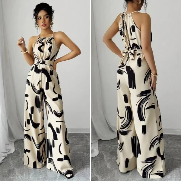 Macacão Feminino Longo Elegante Ombro Pernas Largas e Cintura com Laço Estampa Abstrata