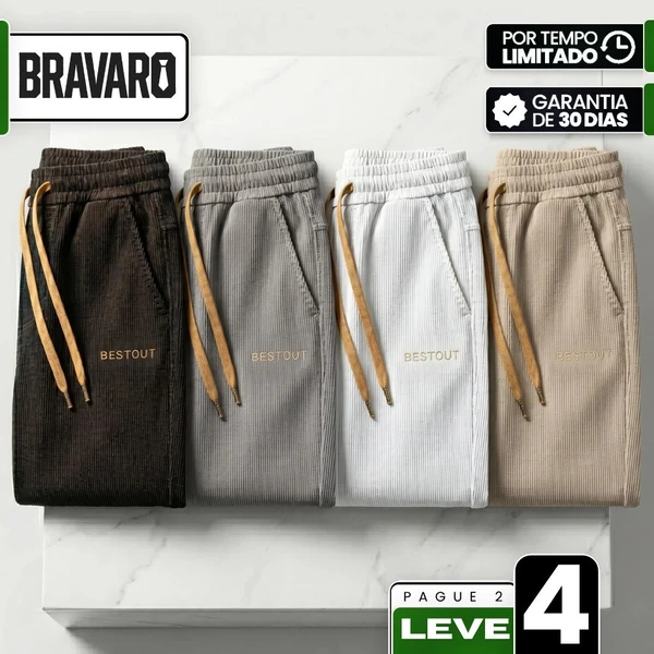 [Leve 4, Pague Só 2!] Calça Bestout Masculina em Veludo Cotelê e Algodão de Ajuste Ergonômico com Cordão de Tração Contrastante
