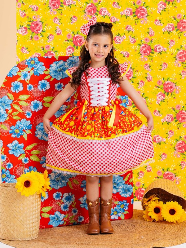 Vestido Junino - Xadrez Estampado Fogueirinha Violão 