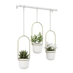 Conjunto com 3 Vasos Cachepot Suspensos Branco e Dourado