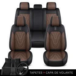 Kit Completo de Capas para Banco de Carro Aureon em Couro Legítimo Universal 5 Lugares Com Airbag + Tapetes e Capa de Volante