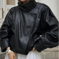 Jaqueta Feminina Oversized Couro Eco Gola Alta Estilo Europeia Vintage Premium Vynara