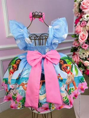 Vestido temático Estampado - Moana - Azul Claro 
