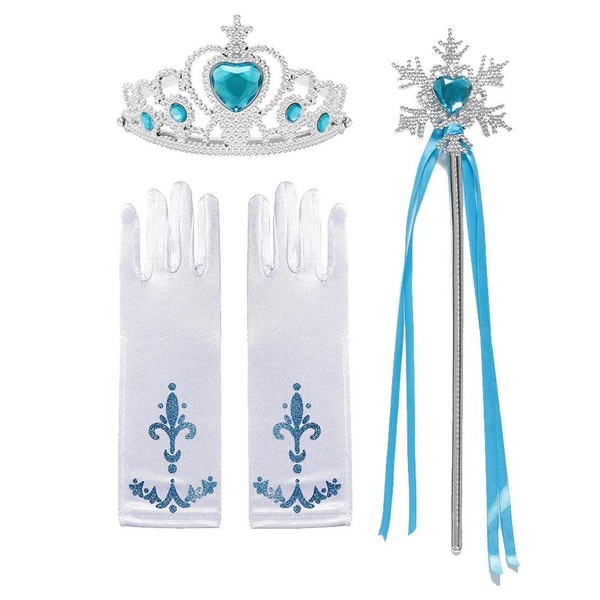 Fantasia Elsa Completa + Coroa + Varinha Mágica + Cabelo + Luva + Colar, Brinco, Anel e Pulseira