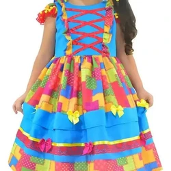 Vestido Junino Azul E Estampa Com Efeito Retalho Luxuoso