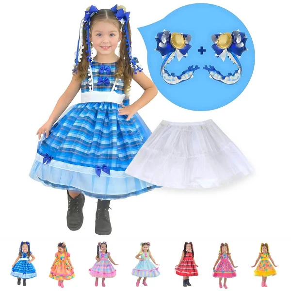 Vestido Festa Junina Xadrez  + Saia de Armação + 2 Laços