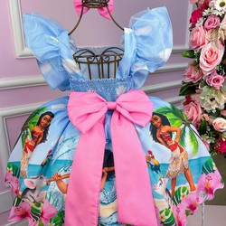 Vestido temático Estampado - Moana - Azul Claro 