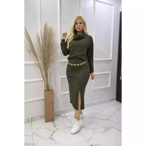 Conjunto Feminino Saia Midi+Blusa Manga Longa Gola Alta Tecido Canelado Inverno Elegante com Fenda