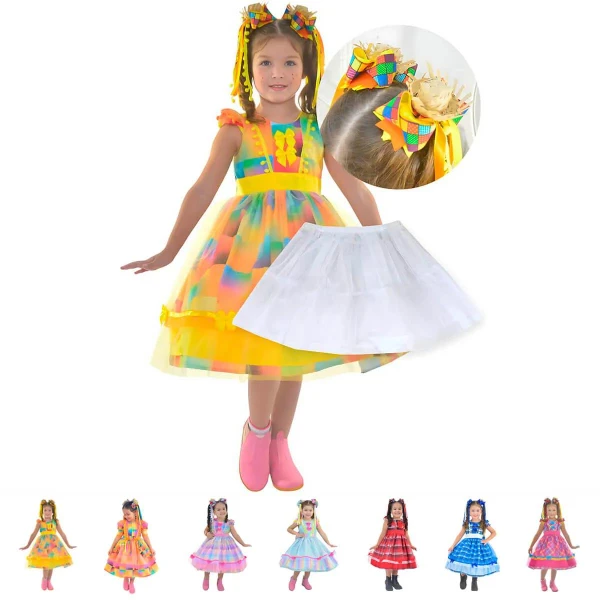 Vestido Festa Junina Xadrez  + Saia de Armação + 2 Laços