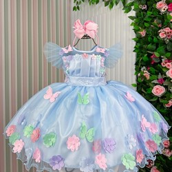 Vestido Luxo Bordado com Aplicações - Jardim Encantado Azul