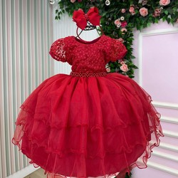 Vestido Luxo Manga Bordada - Vermelho 