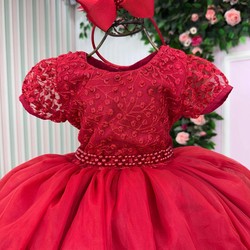 Vestido Luxo Manga Bordada - Vermelho 