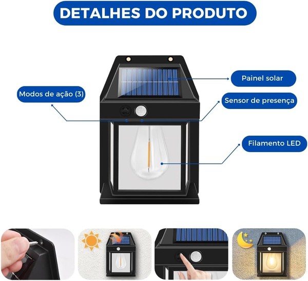Luminária Solar Externa Potente Arandela Energia Solar