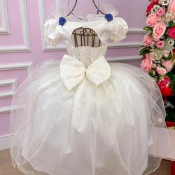 Vestido Glamour Branco - Bordado com Rosas em Azul Marinho