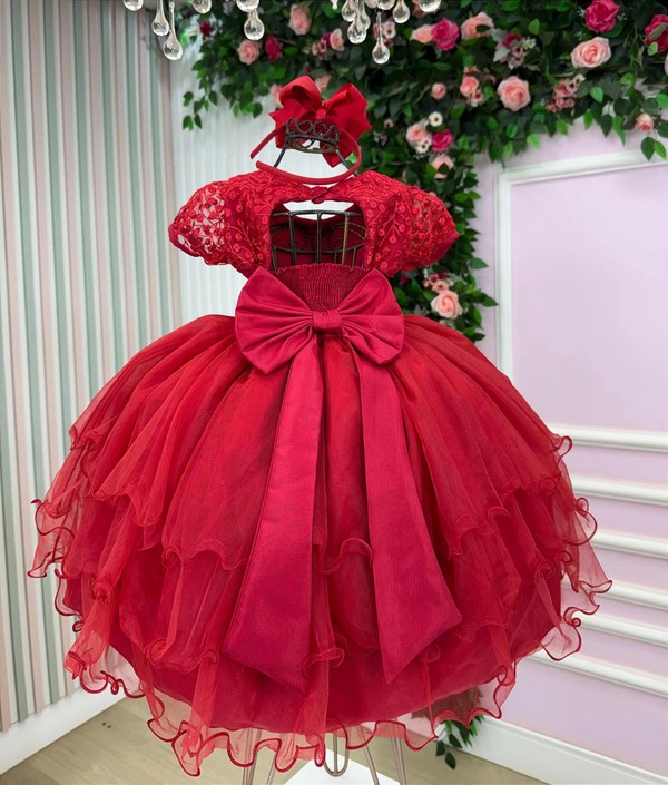 Vestido Luxo Manga Bordada - Vermelho 