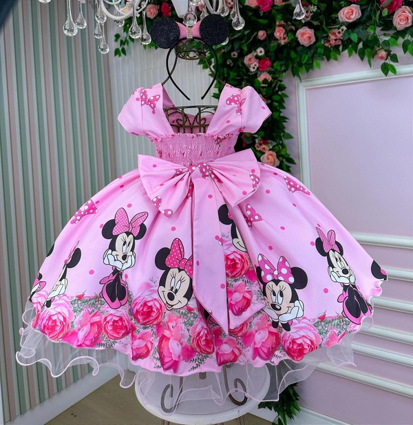 Vestido Temático Luxo Estampado - Minnie Mouse Laço