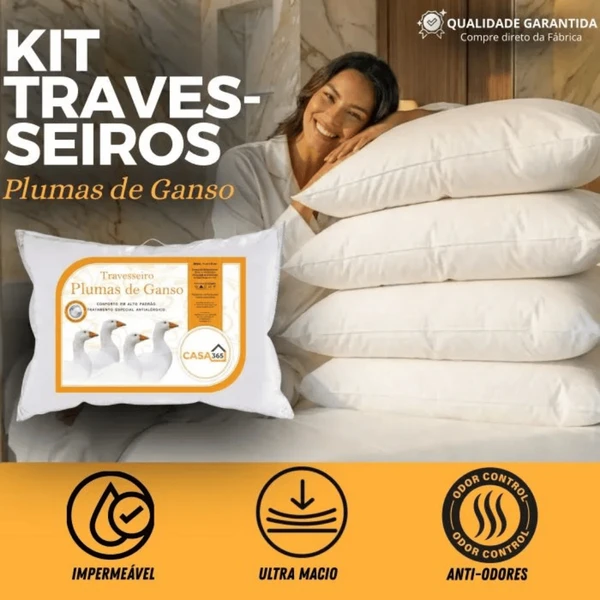 Kit 5 Travesseiros Premium Pluma de Ganso - Conforto de Hotel 5 Estrelas