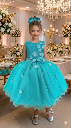 Vestido Luxo Bordado Floral - Verde Tiffany 