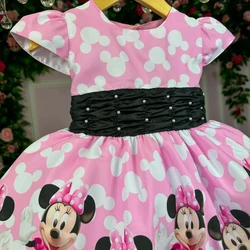 Vestido Temático Estampado - Minnie - Rosa C/Preto 