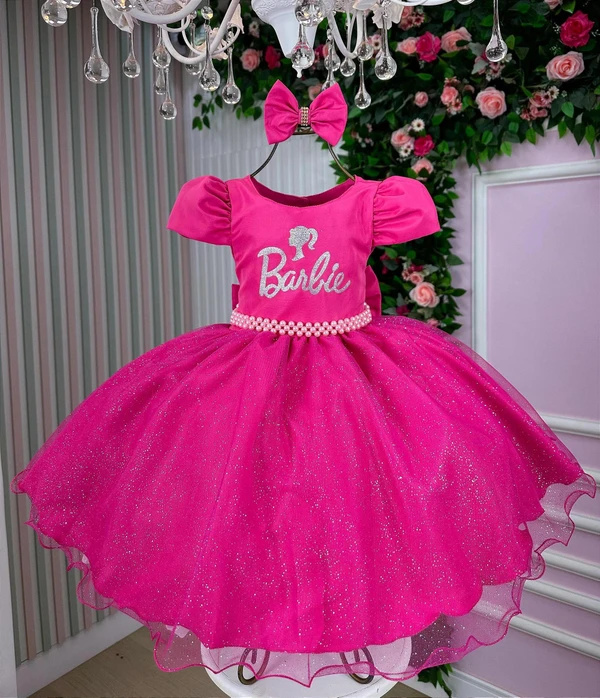 Vestido Temático Luxo - Barbie Rosa Pink Glitter 