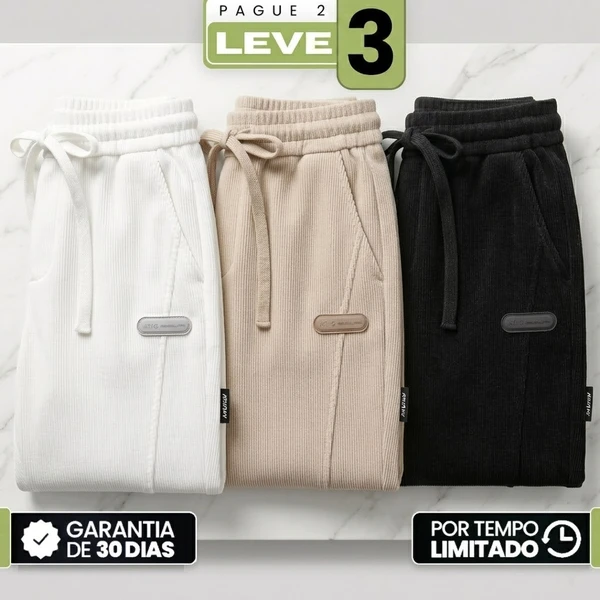 [Pegue 2, Leve 3!] Calça Rizon Masculina em Veludo Cotelê de Modelagem Jogger com Ajuste Frontal e Emblema Emborrachado