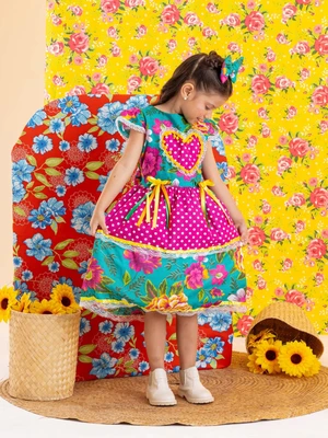 Vestido Junino – Xadrez Com Rosas e Laço - Verde C/Rosa 