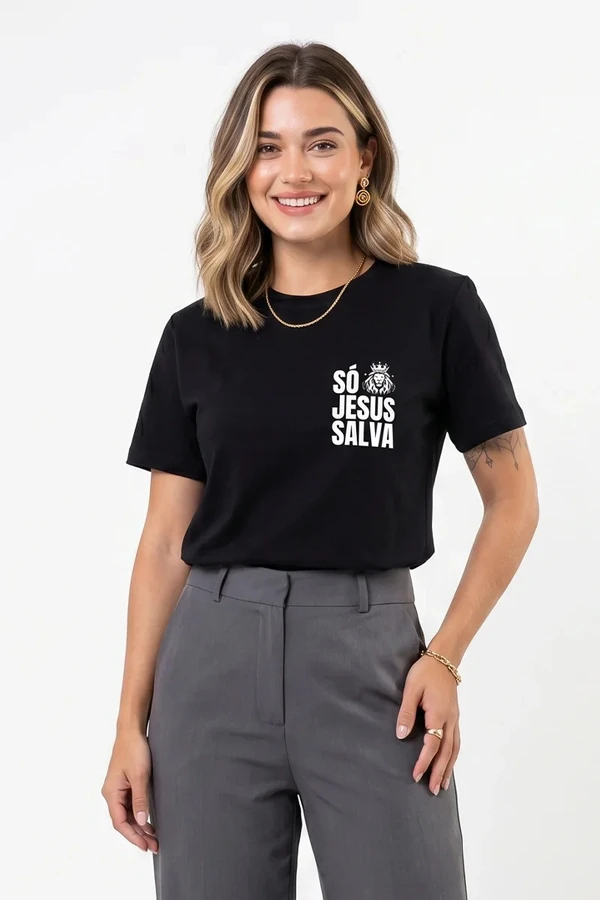 Camiseta Feminina Preta Estampa Só Jesus Salva