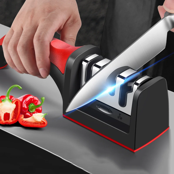 Afiador de facas de 3 segmentos, afiador de facas para facas de cozinha, pedra de afiar de três propósitos de aço inoxidável para ferramentas de cozinha