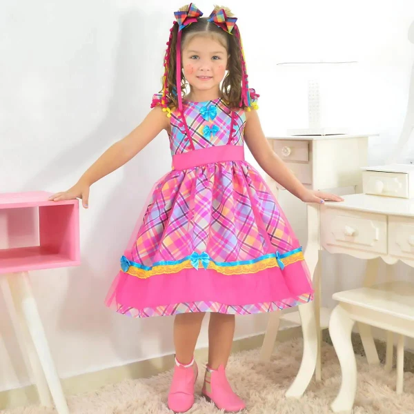 Vestido Festa Junina Xadrez  + Saia de Armação + 2 Laços