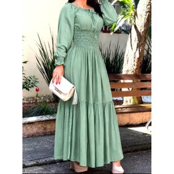 Vestido Longo Feminino Verde Menta Manga Longa Lastex Elegante Moda Evangélica