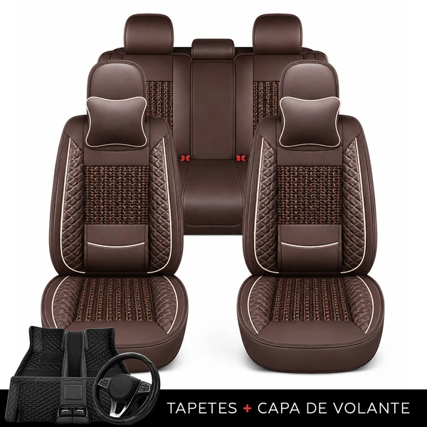 Kit Completo de Capas para Banco de Carro Nureon em Couro Legítimo Universal 5 Lugares Com Airbag + Tapetes e Capa de Volante