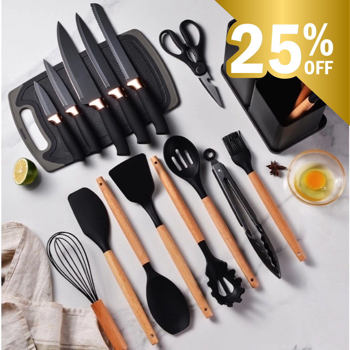 Conjunto de 19 Utensílios de Silicone com Facas e Tábua — foto 1