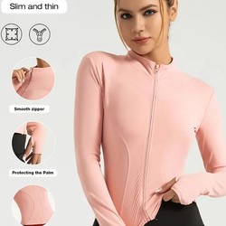 Jaqueta fitness feminina, blusa justa de secagem rápida, coleção outono 2025, manga longa com proteção solar, gola alta, ideal para esportes e Pilates.