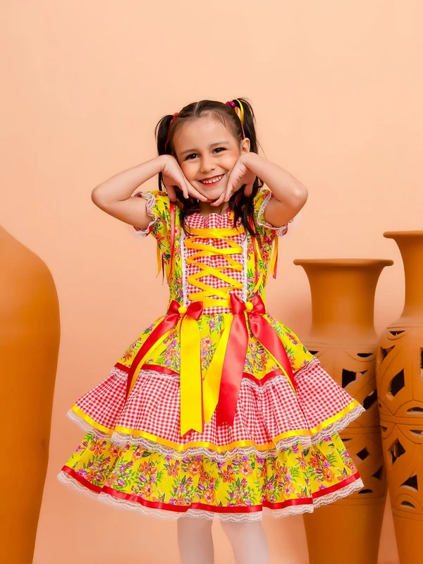 Vestido Junino - Xadrez Florido - Amarelo C/Vermelho